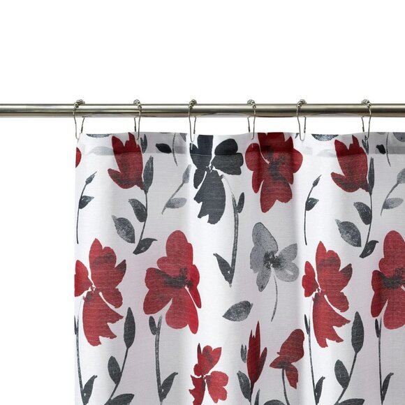 Mainstays Black Red and Grey Floral Shower Curtain, 72" X 72", Polyester New - Picture 2 of 6